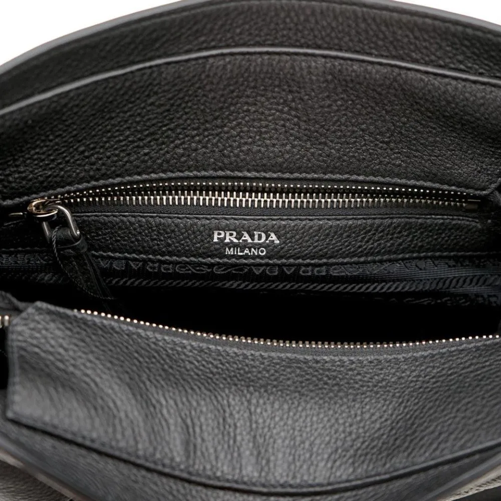 Prada Vitello Phenix Black Leather Stripe Strap Bucket Bag 1BE057