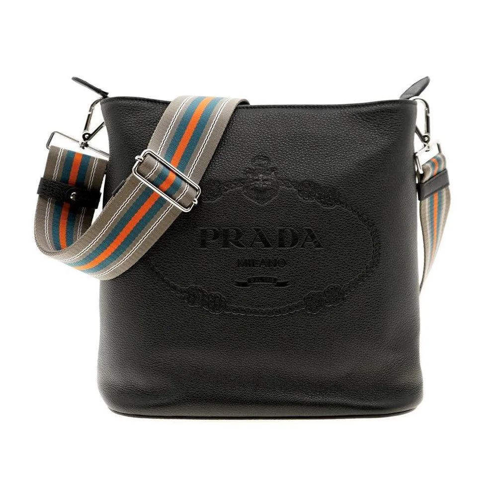 Prada Vitello Phenix Black Leather Stripe Strap Bucket Bag 1BE057