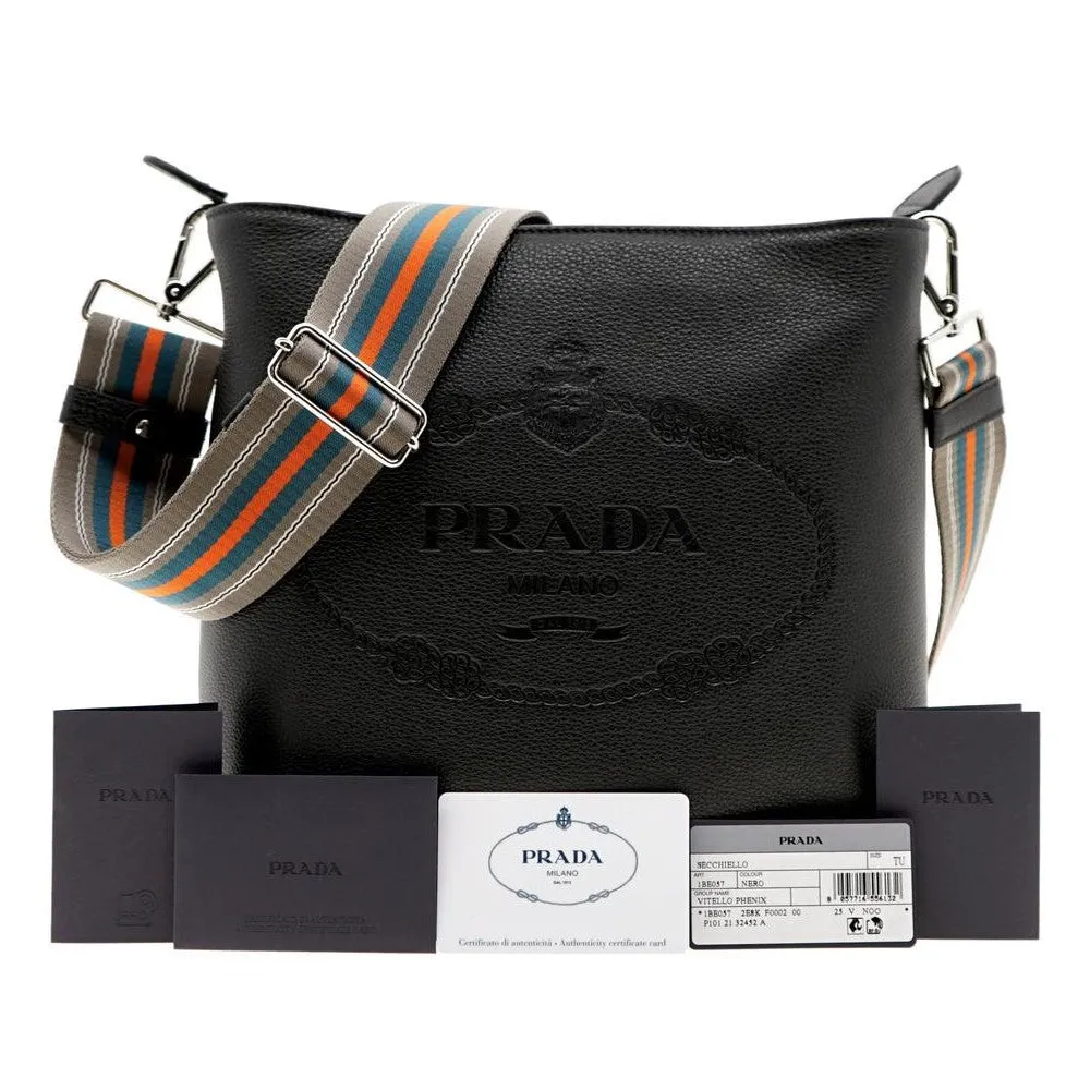 Prada Vitello Phenix Black Leather Stripe Strap Bucket Bag 1BE057