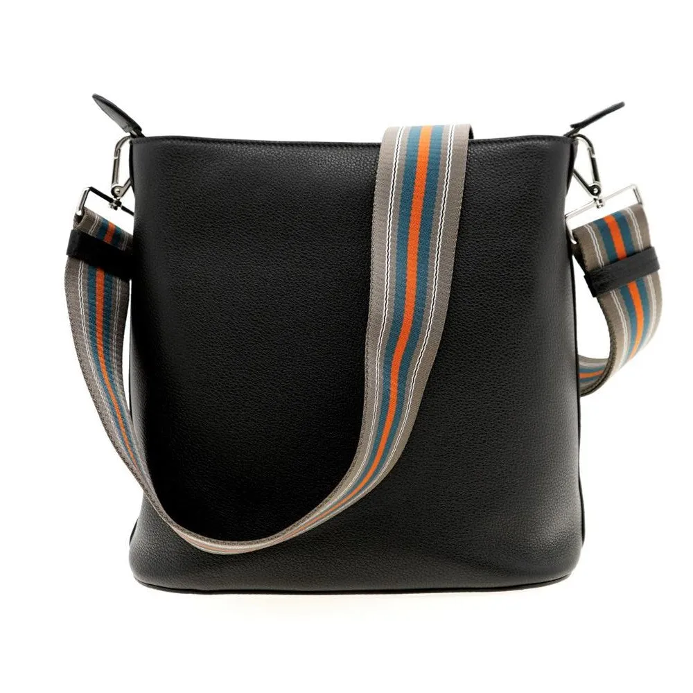 Prada Vitello Phenix Black Leather Stripe Strap Bucket Bag 1BE057
