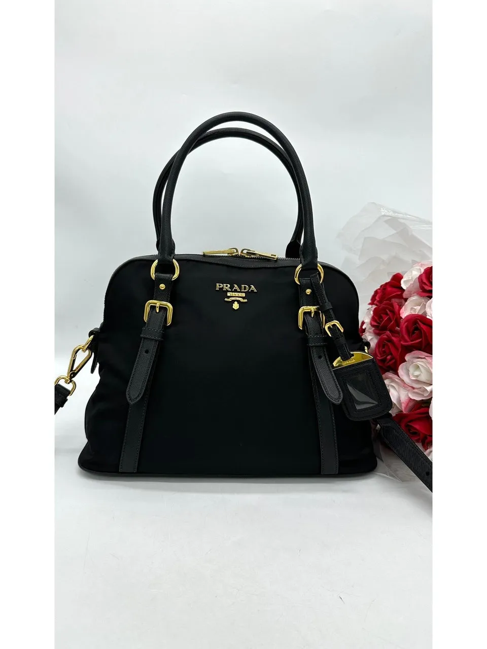 PRADA Womens Black Nylon & Leather Handbag