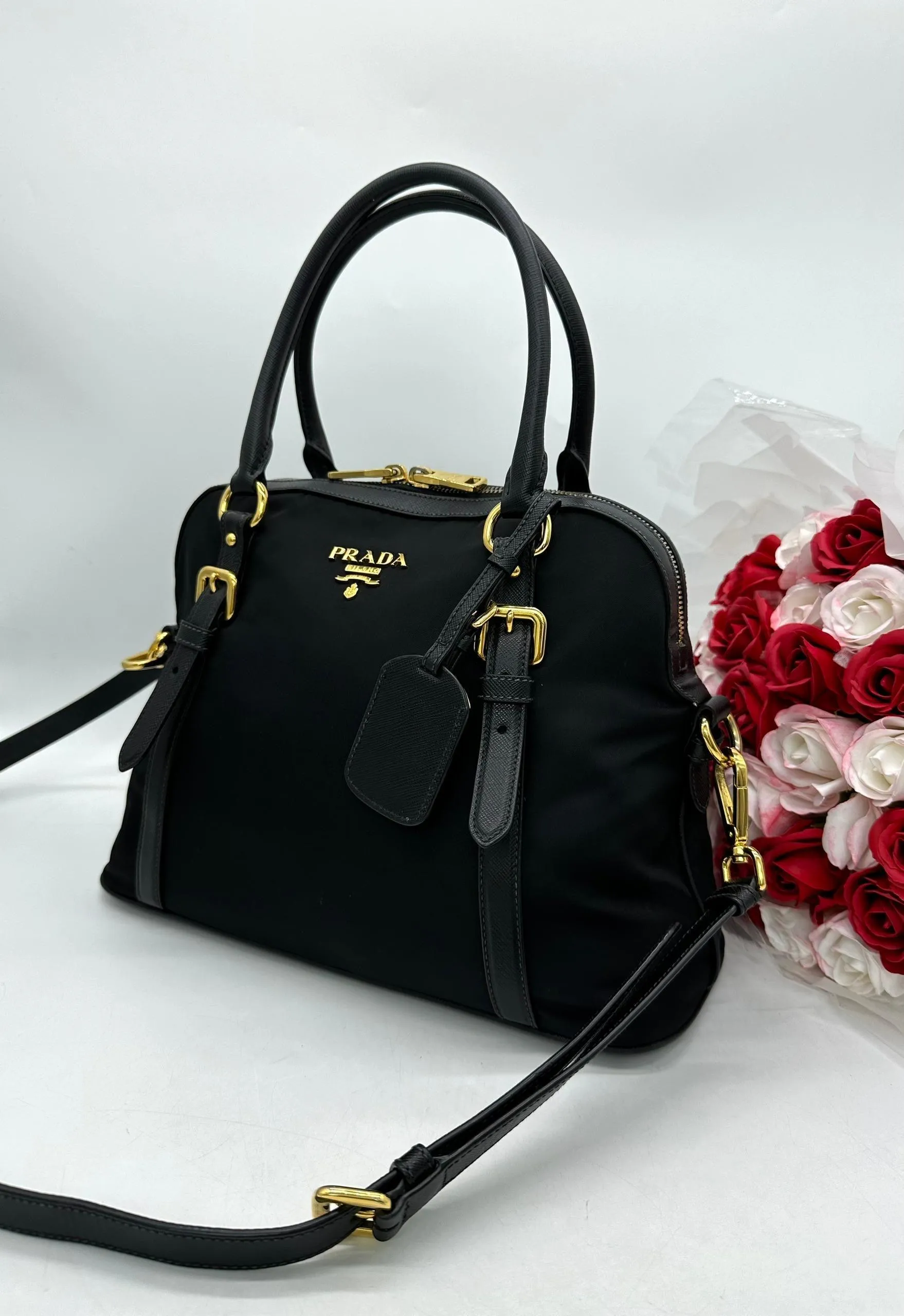 PRADA Womens Black Nylon & Leather Handbag