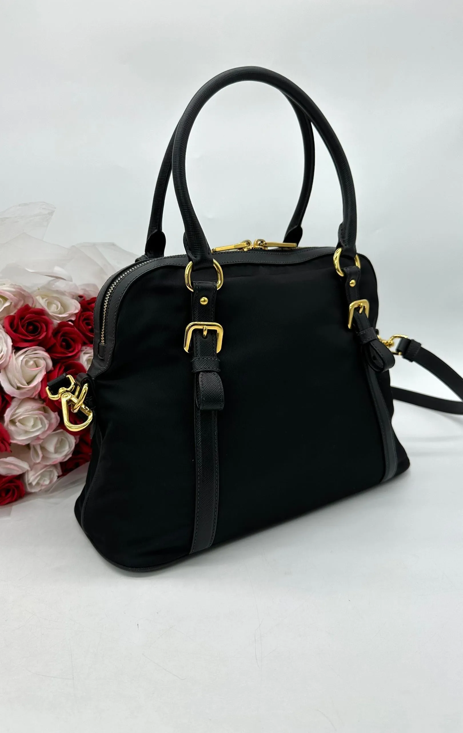 PRADA Womens Black Nylon & Leather Handbag