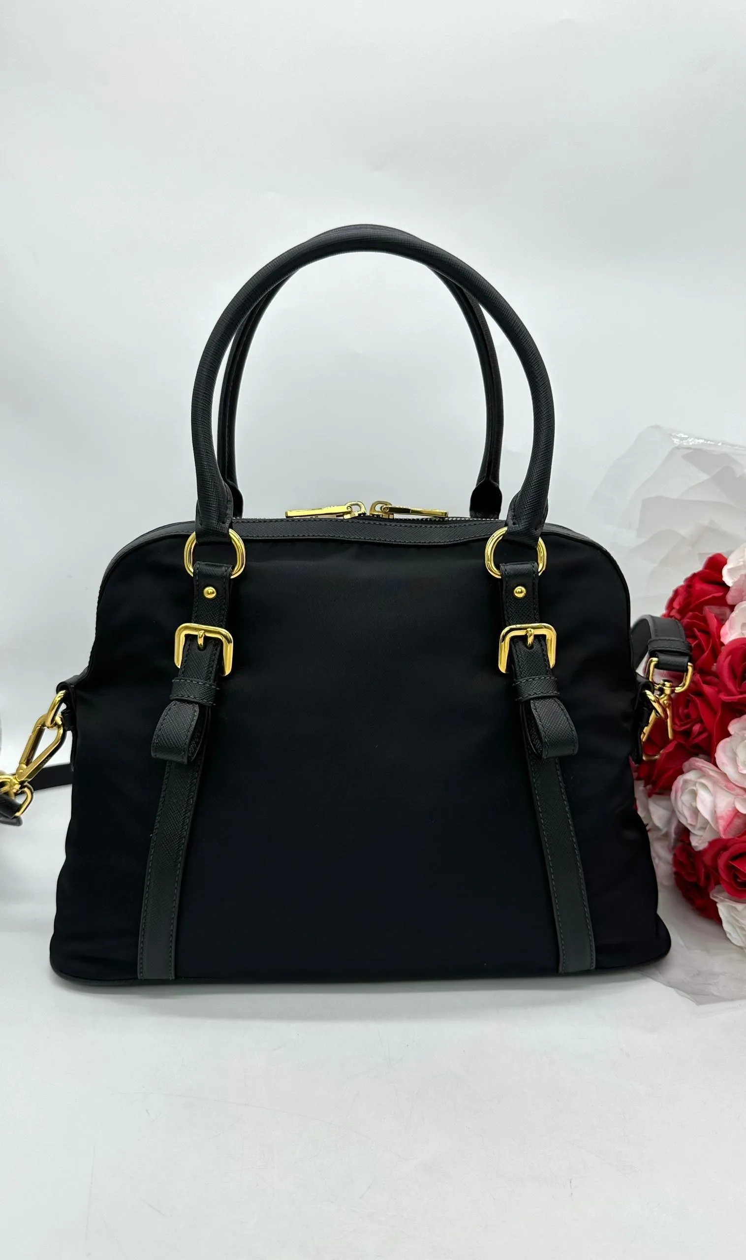 PRADA Womens Black Nylon & Leather Handbag