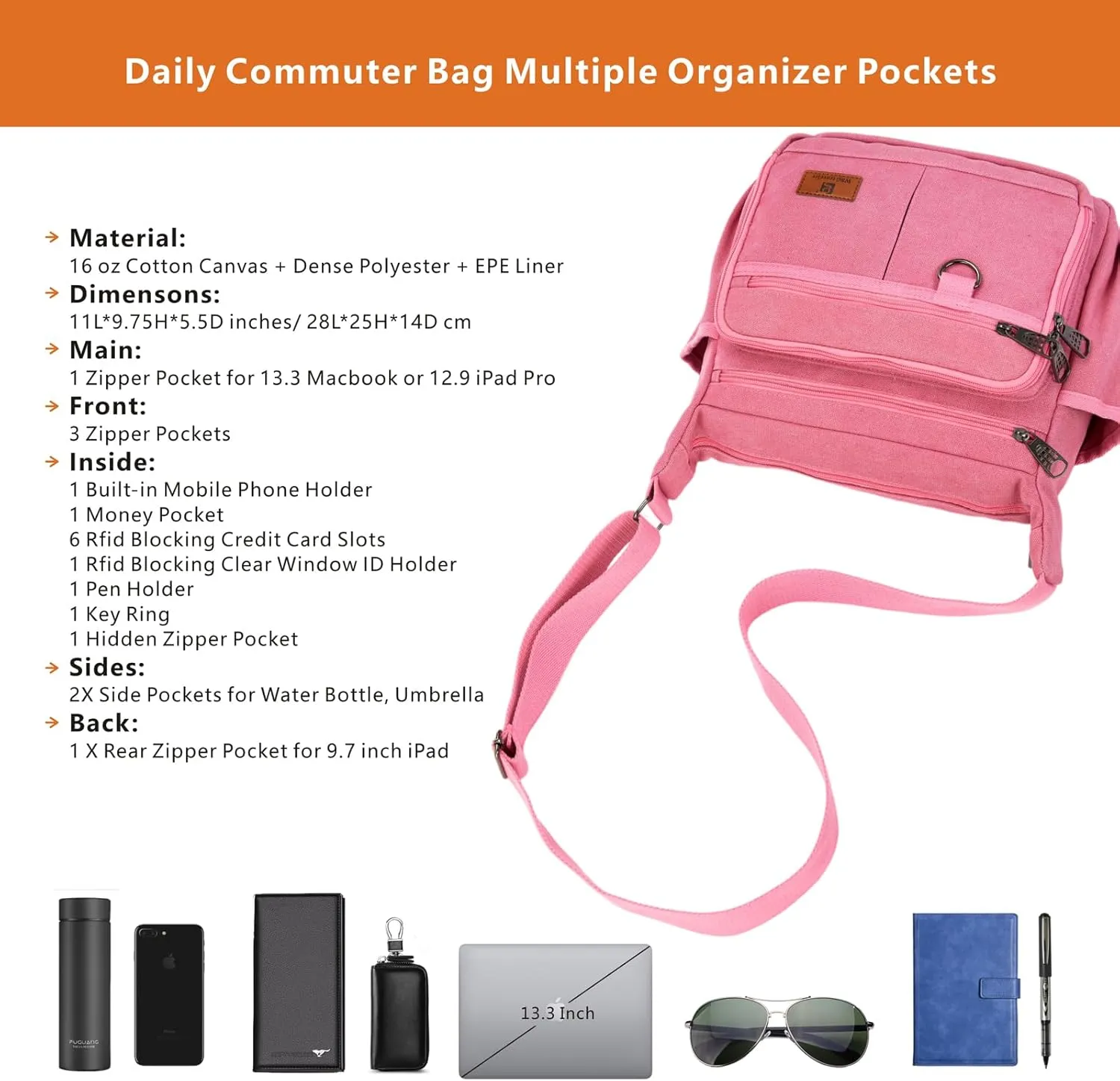Rfid Crossbody Messenger Bag with Water Bottle Holders, 13 inch Laptop Shoulder Bag, Sling Satchel Purse w/Built-in Wallet