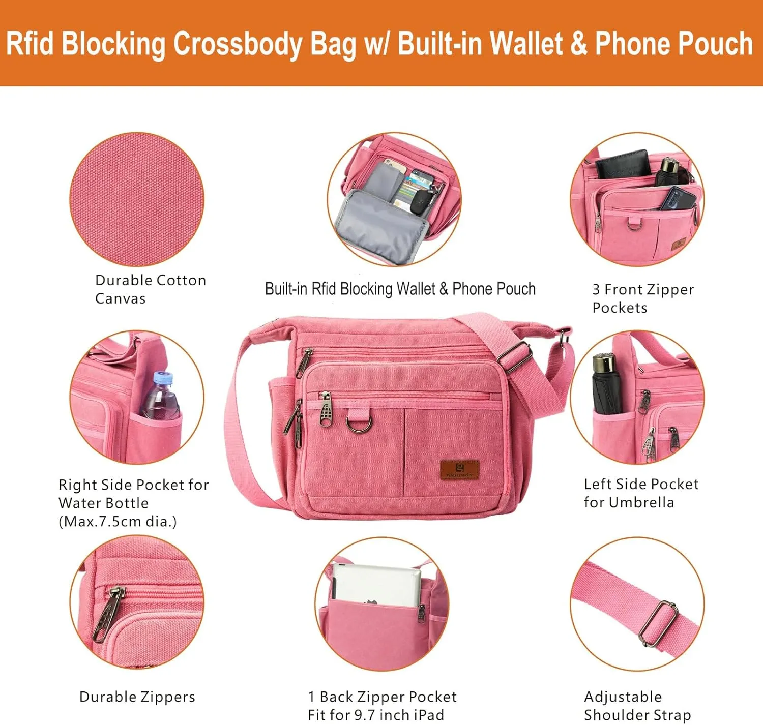Rfid Crossbody Messenger Bag with Water Bottle Holders, 13 inch Laptop Shoulder Bag, Sling Satchel Purse w/Built-in Wallet