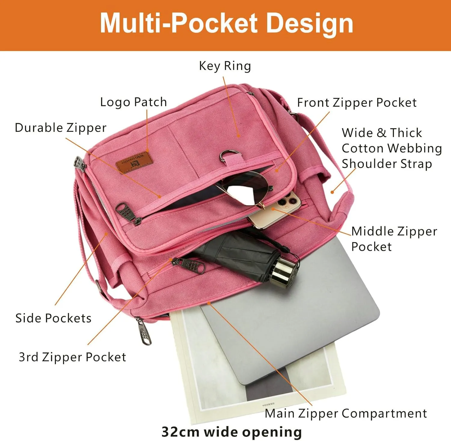 Rfid Crossbody Messenger Bag with Water Bottle Holders, 13 inch Laptop Shoulder Bag, Sling Satchel Purse w/Built-in Wallet