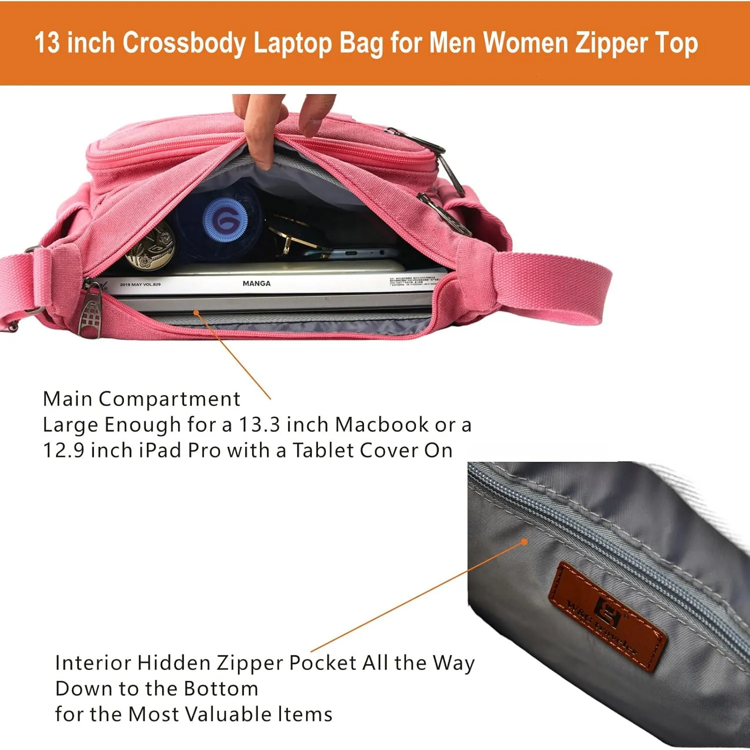 Rfid Crossbody Messenger Bag with Water Bottle Holders, 13 inch Laptop Shoulder Bag, Sling Satchel Purse w/Built-in Wallet