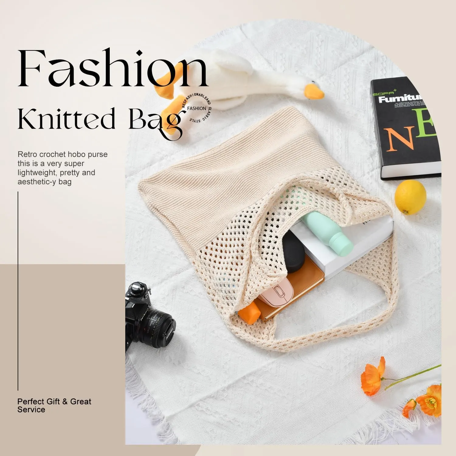 SANSTHS Crochet Mesh Beach Tote Bag Retro Hobo Knitted Bag Woven Tote Summer Shoulder Bag for Women