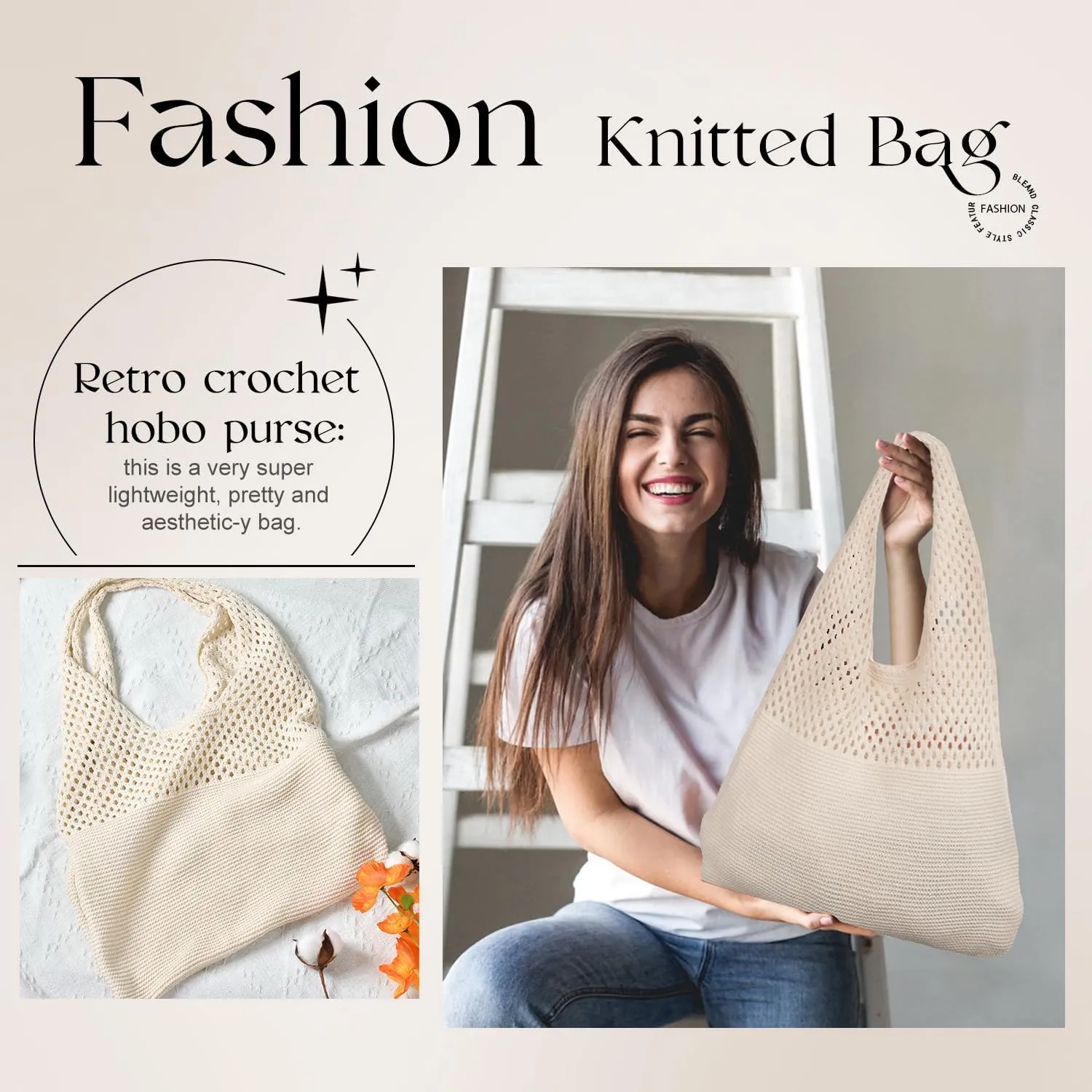 SANSTHS Crochet Mesh Beach Tote Bag Retro Hobo Knitted Bag Woven Tote Summer Shoulder Bag for Women