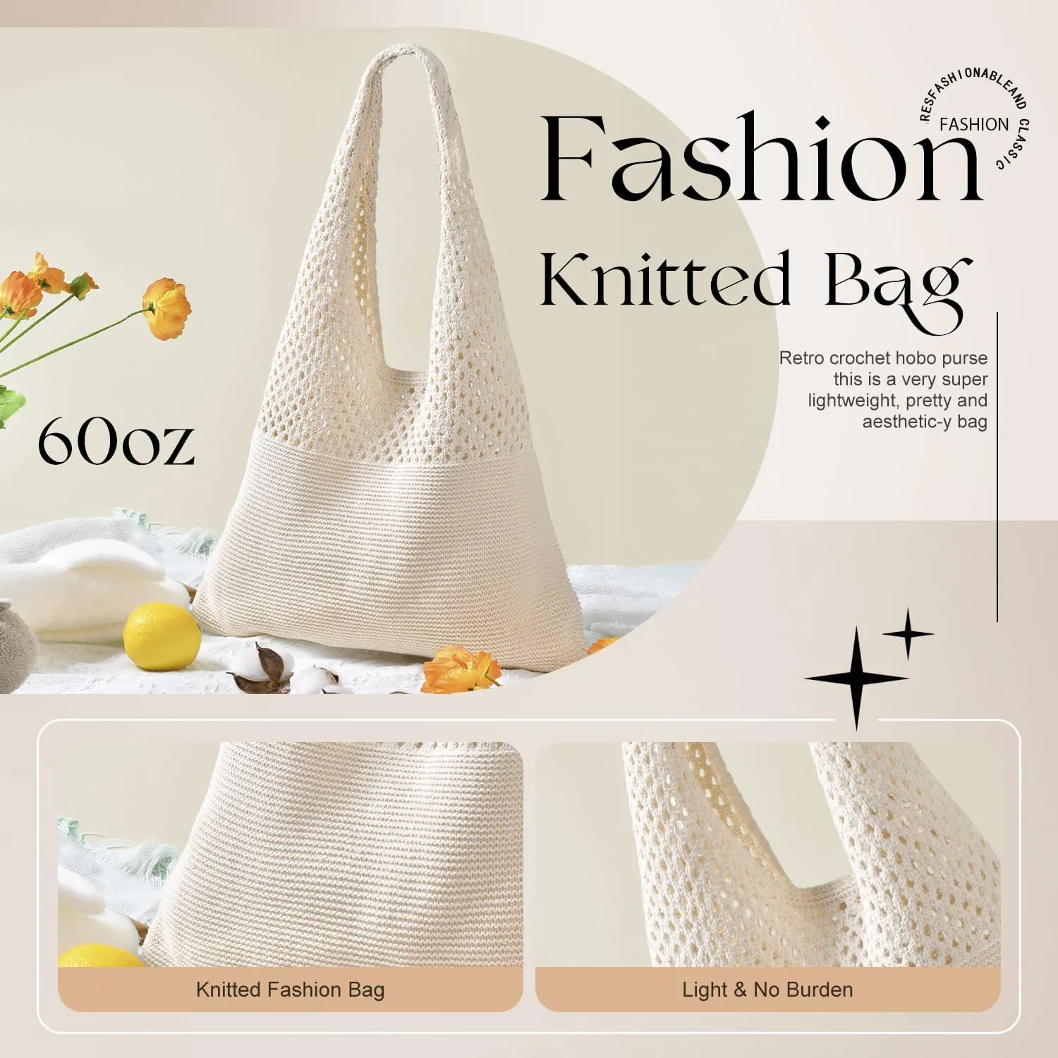 SANSTHS Crochet Mesh Beach Tote Bag Retro Hobo Knitted Bag Woven Tote Summer Shoulder Bag for Women