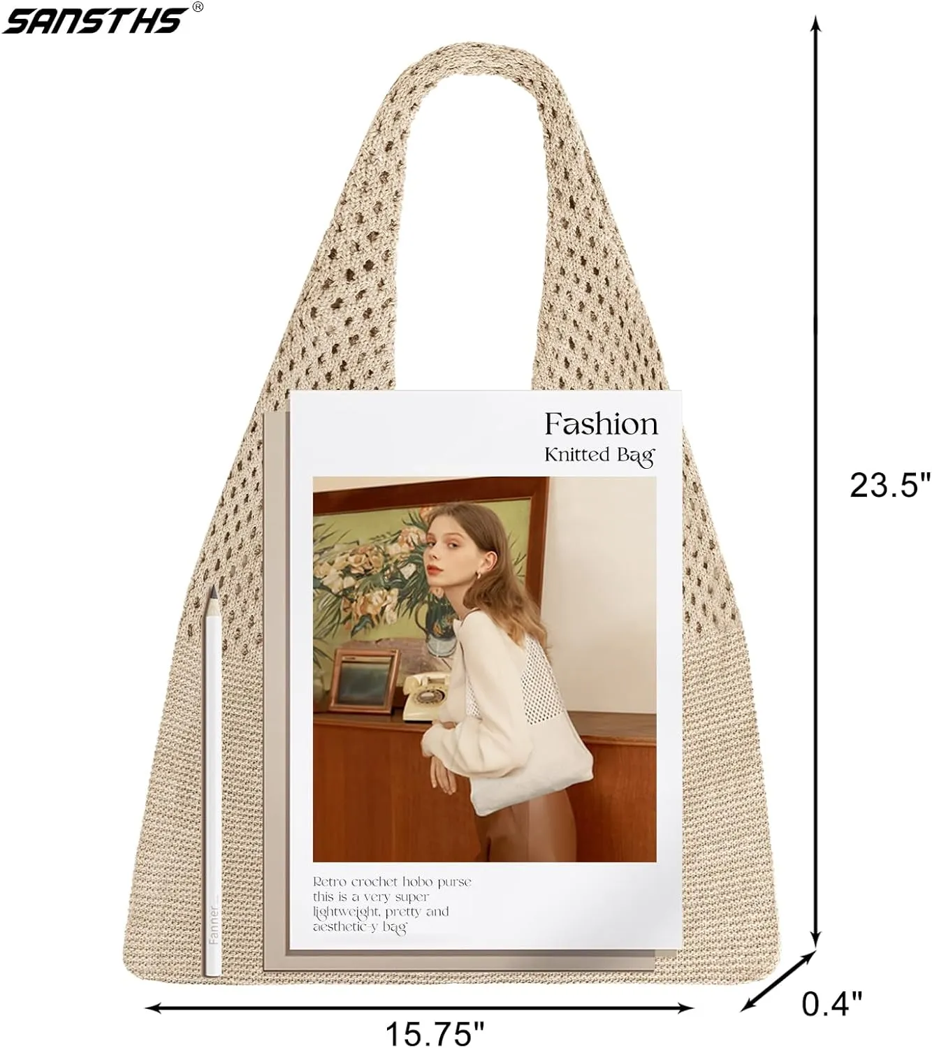 SANSTHS Crochet Mesh Beach Tote Bag Retro Hobo Knitted Bag Woven Tote Summer Shoulder Bag for Women