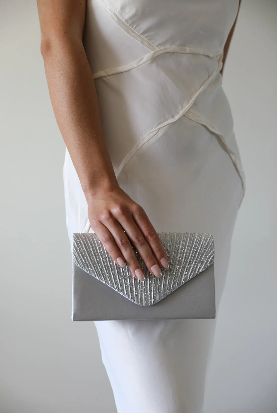 Silver Satin Evening Clutch