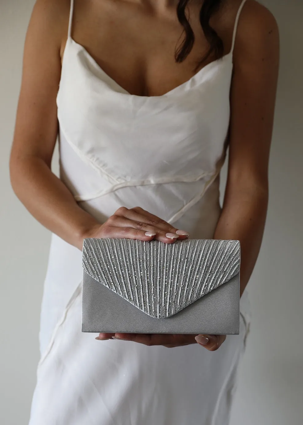 Silver Satin Evening Clutch
