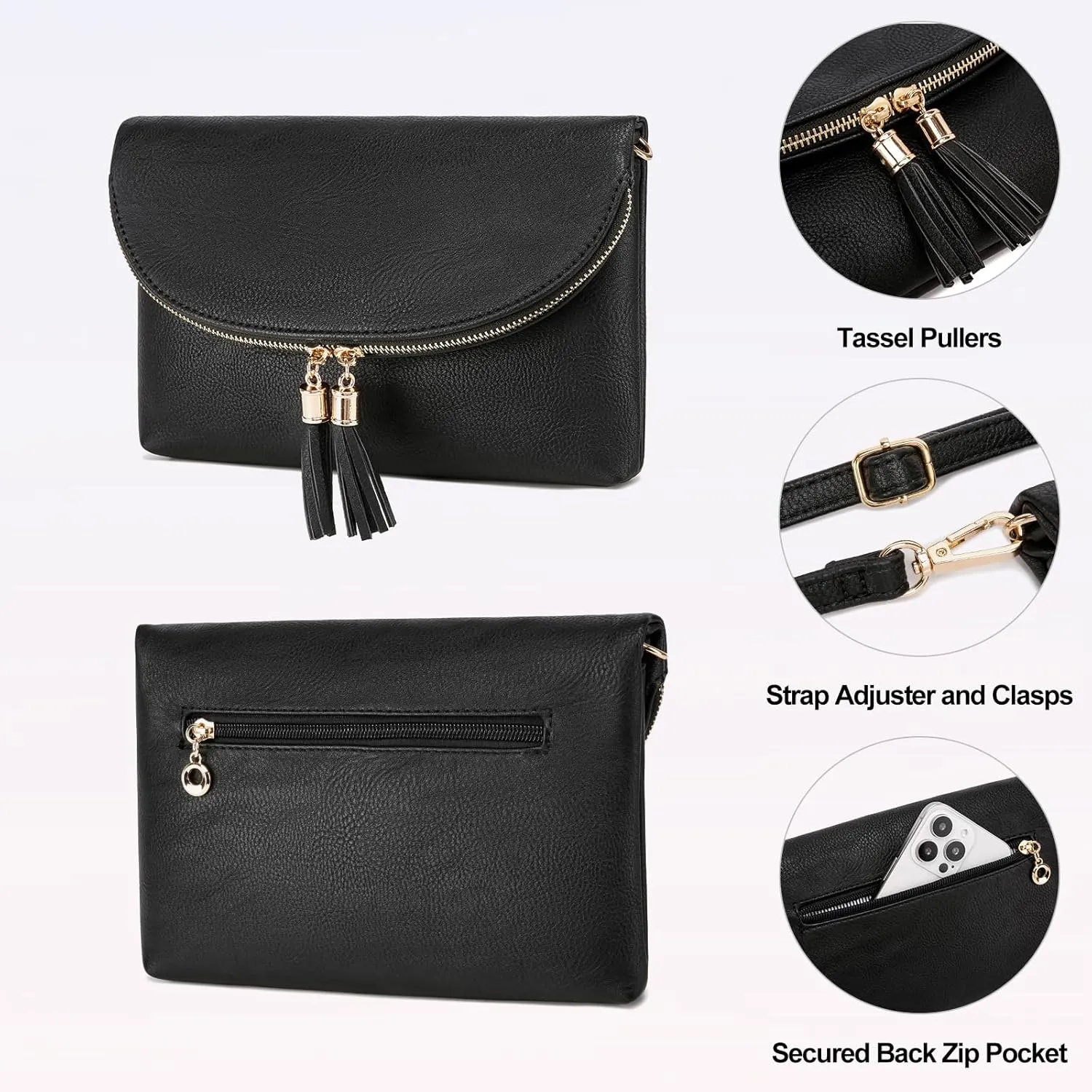Solene Womens Envelop Clutch Purse Multi Compartments, 6 Card Slot Inside, Crossbody Bag With Tassels
