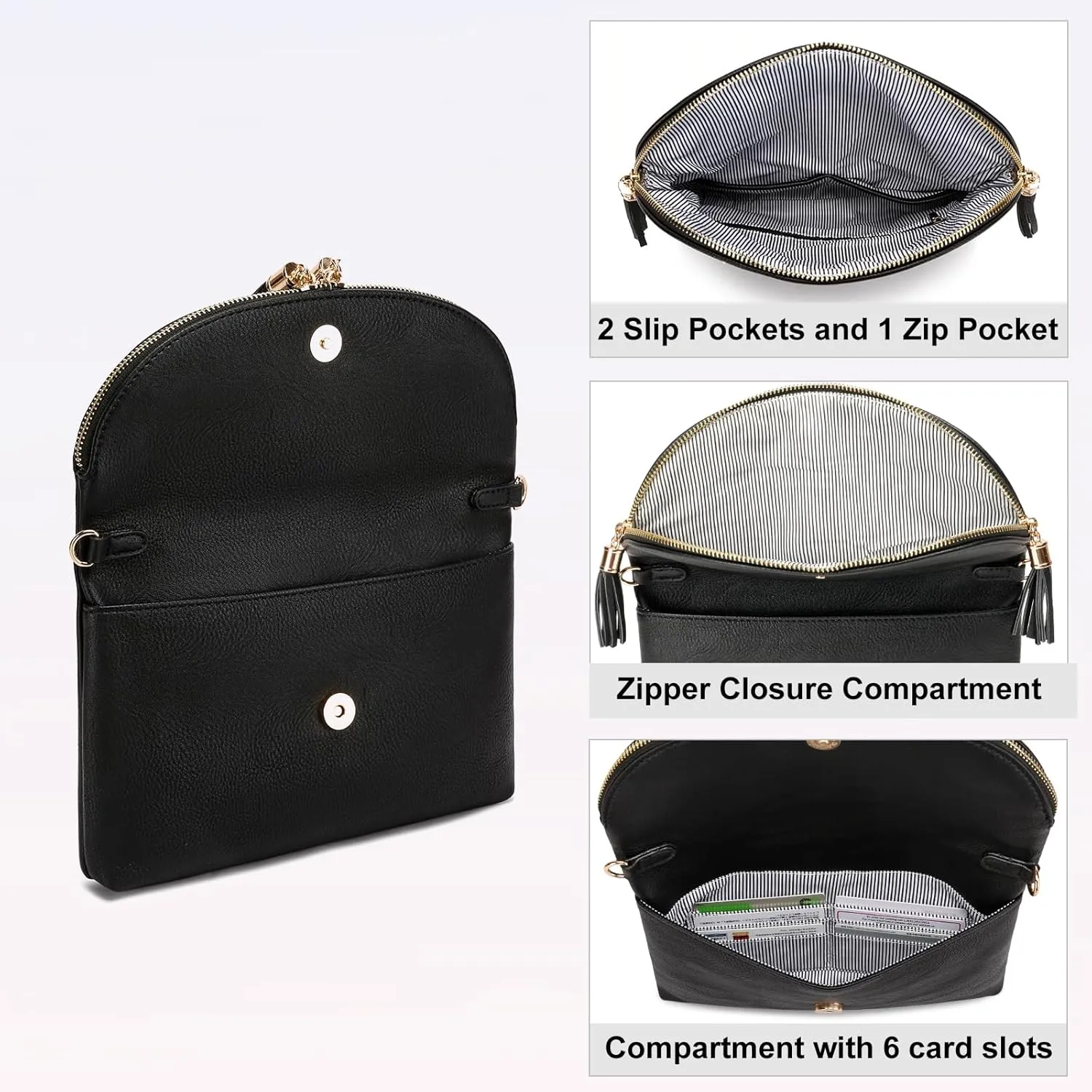 Solene Womens Envelop Clutch Purse Multi Compartments, 6 Card Slot Inside, Crossbody Bag With Tassels