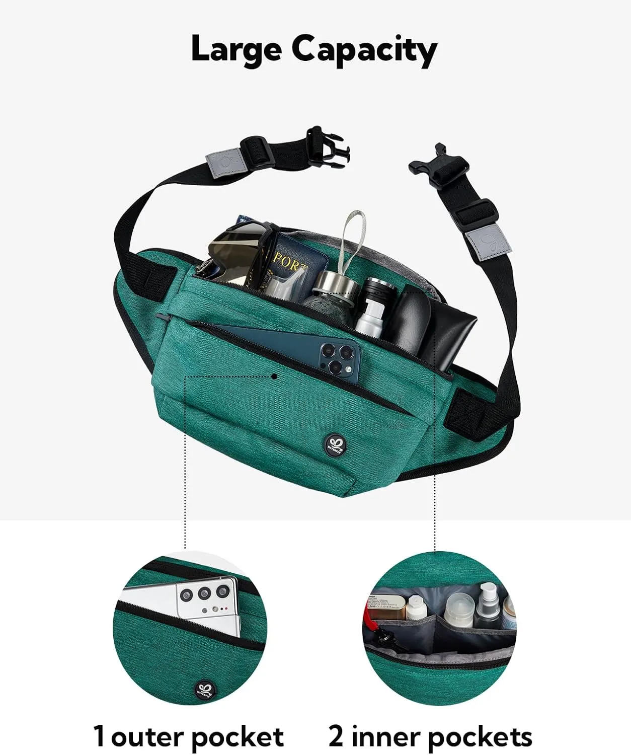 WATERFLY Fanny Pack for Men Women Water Resistant Large Hiking Waist Bag Pack Carrying All Phones for Running Walking Traveling