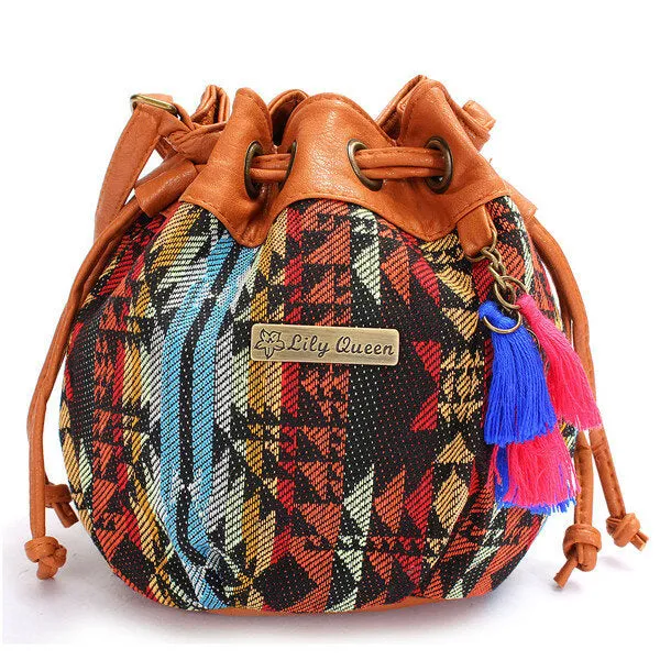 Women Bohemia Canvas Bucket Bags Drawstring Crossbody Shoulder