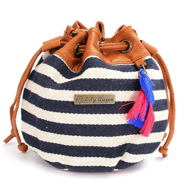 Women Bohemia Canvas Bucket Bags Drawstring Crossbody Shoulder