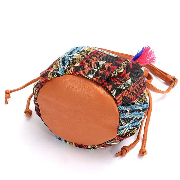 Women Bohemia Canvas Bucket Bags Drawstring Crossbody Shoulder