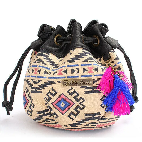 Women Bohemia Canvas Bucket Bags Drawstring Crossbody Shoulder