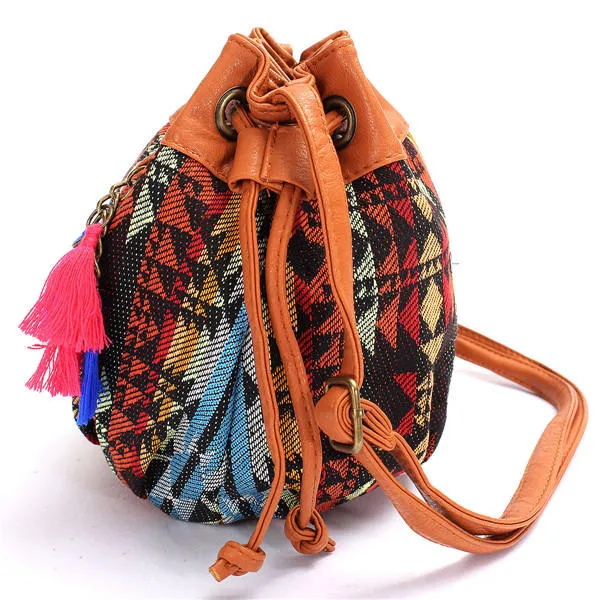 Women Bohemia Canvas Bucket Bags Drawstring Crossbody Shoulder