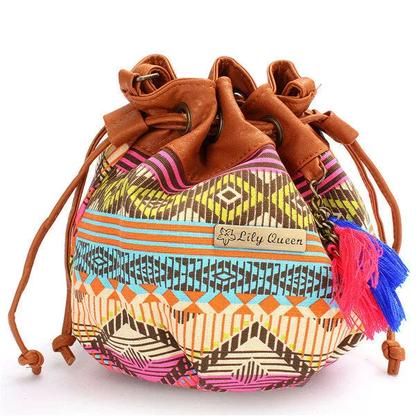 Women Bohemia Canvas Bucket Bags Drawstring Crossbody Shoulder