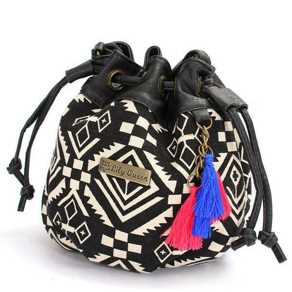 Women Bohemia Canvas Bucket Bags Drawstring Crossbody Shoulder