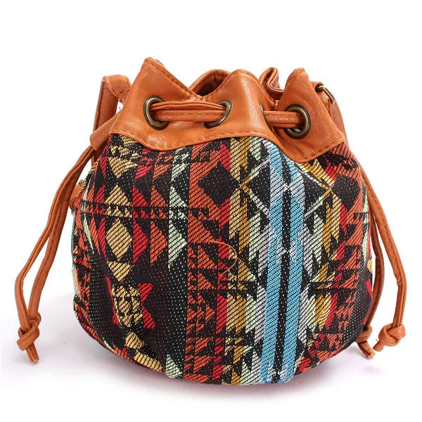 Women Bohemia Canvas Bucket Bags Drawstring Crossbody Shoulder