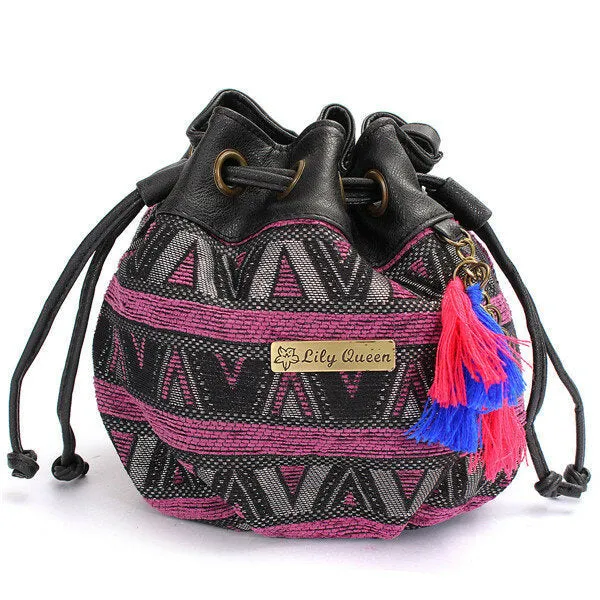 Women Bohemia Canvas Bucket Bags Drawstring Crossbody Shoulder