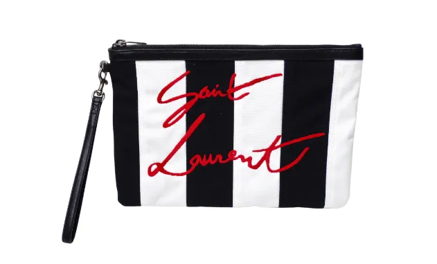 Yves Saint Laurent Striped Logo Embroidered Clutch Bag
